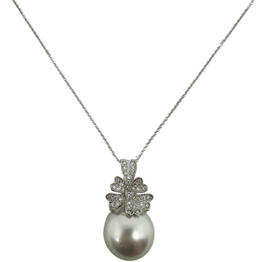 18K White Gold Diamond and Pearl Pendant Necklace – 0.26ct – Floral Drop Design