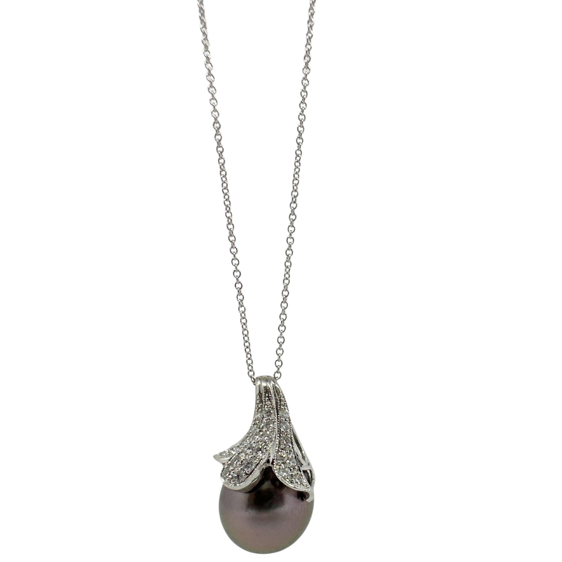 18K White Gold Diamond & Pearl Pendant Necklace – 18" Chain, 0.27ct Diamonds