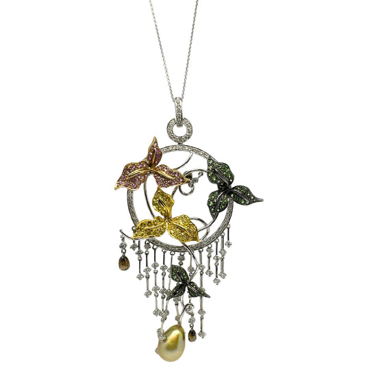 18K Tricolor Gold White and Brown Diamond, and Multi-Sapphire Pendant Necklace