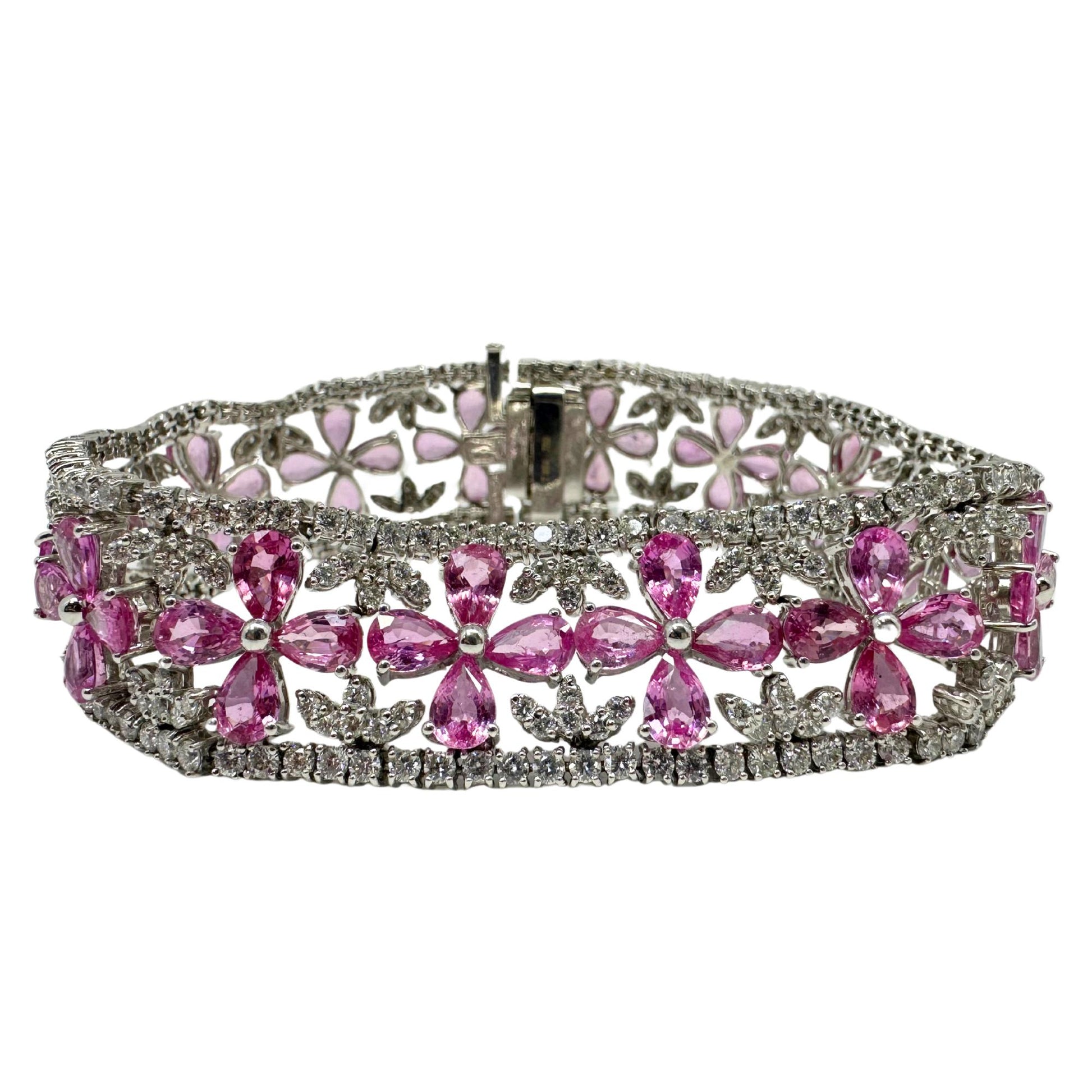 18K White Gold Diamond and Pear Cut Pink Sapphire Flower Bracelet - 7.25 inches