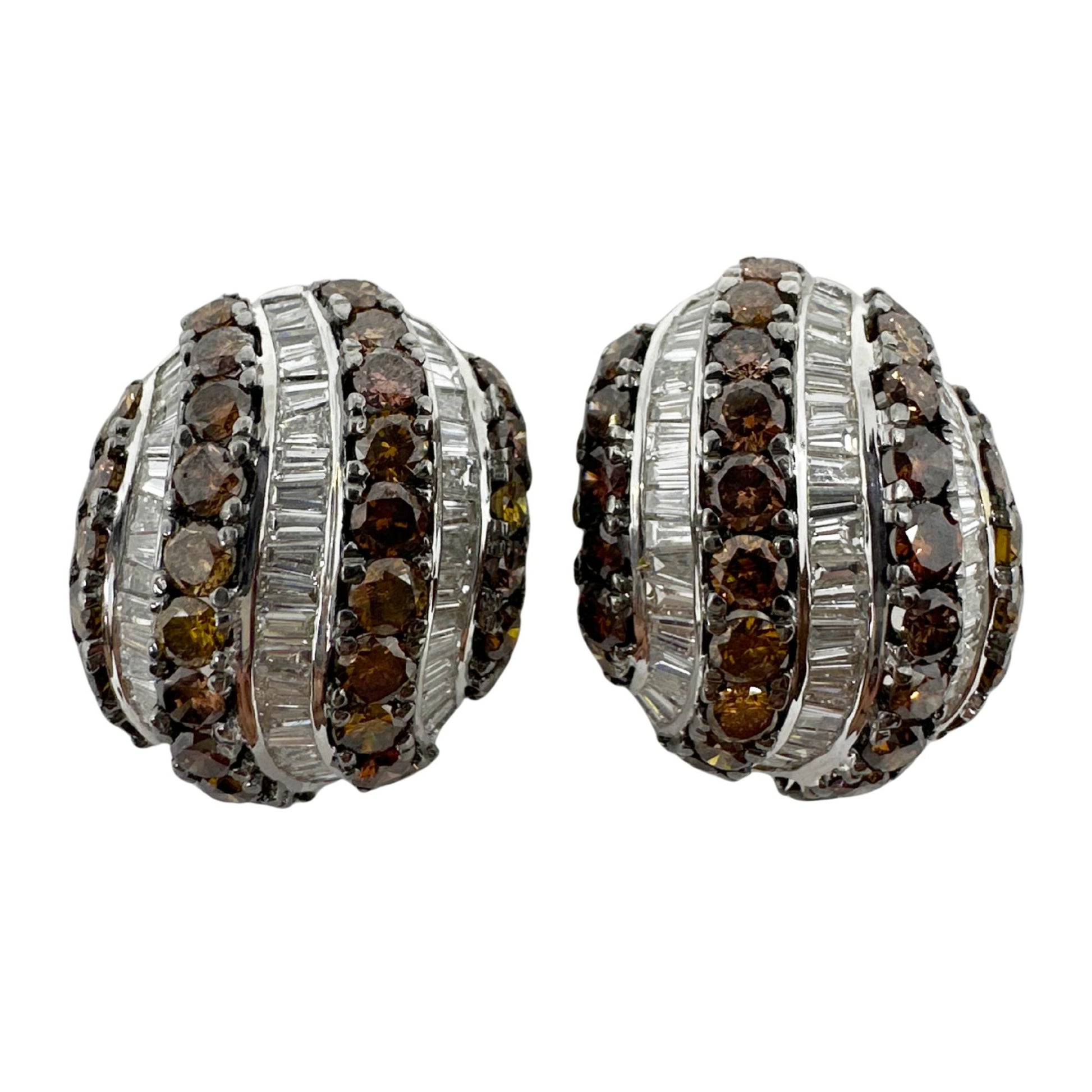 18K White Gold 9.31 Carat Tapered Baguette Cut White and Brown Diamond Earrings