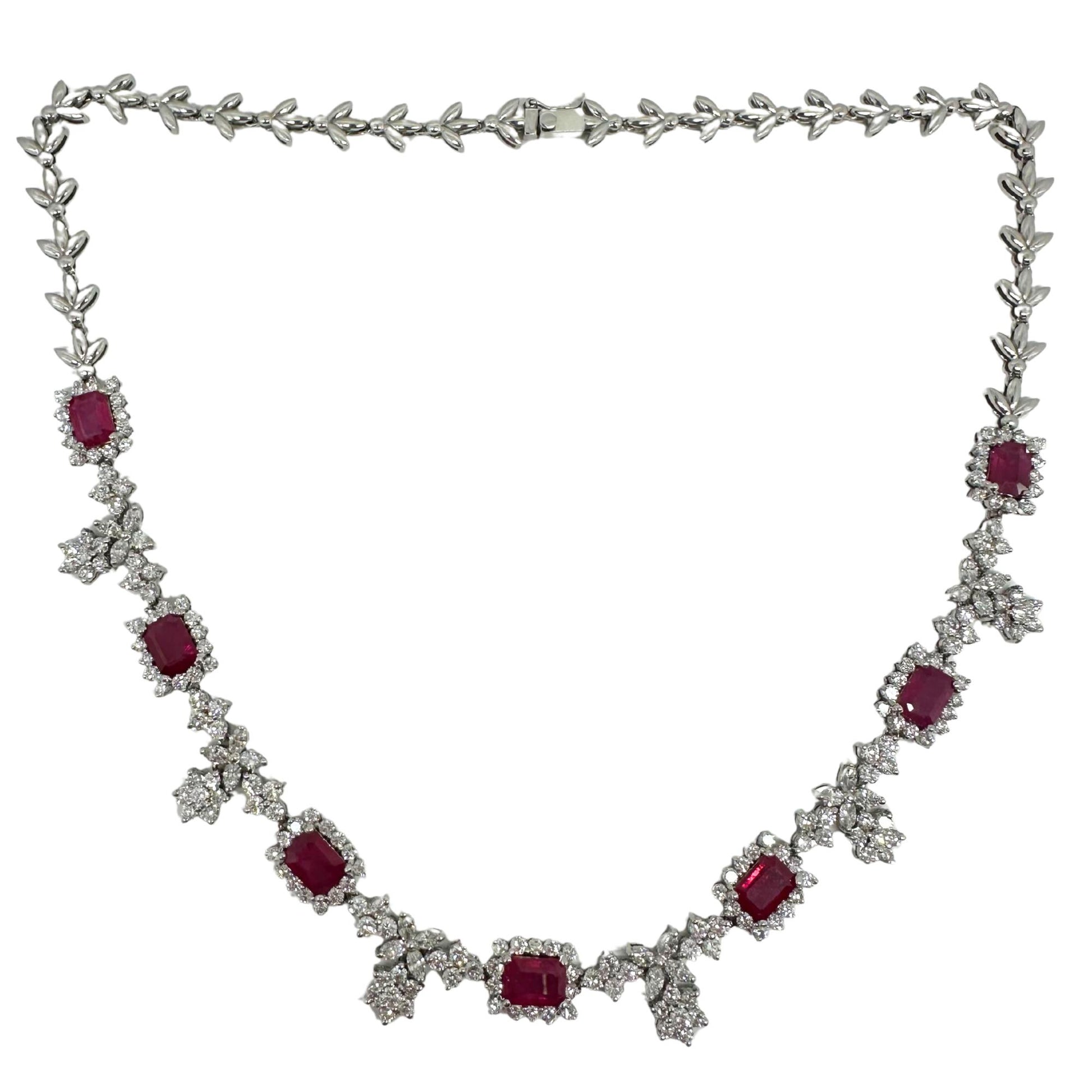 18K White Gold Diamond and Ruby Choker Necklace - 15 inches