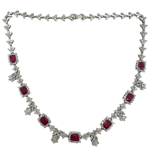 18K White Gold Diamond and Ruby Choker Necklace - 15 inches