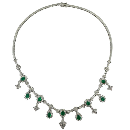 18K White Gold Diamond and Emerald Necklace - 16 inches