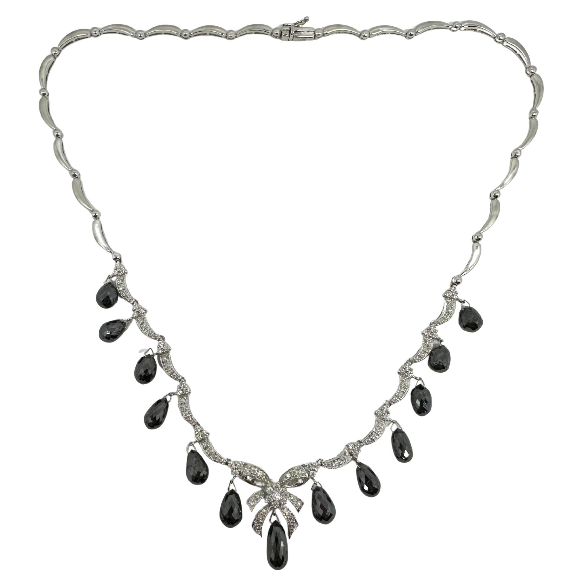 18K White Gold White Diamond and Briolette Black Diamond Bow Necklace
