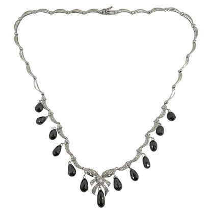 18K White Gold White Diamond and Briolette Black Diamond Bow Necklace