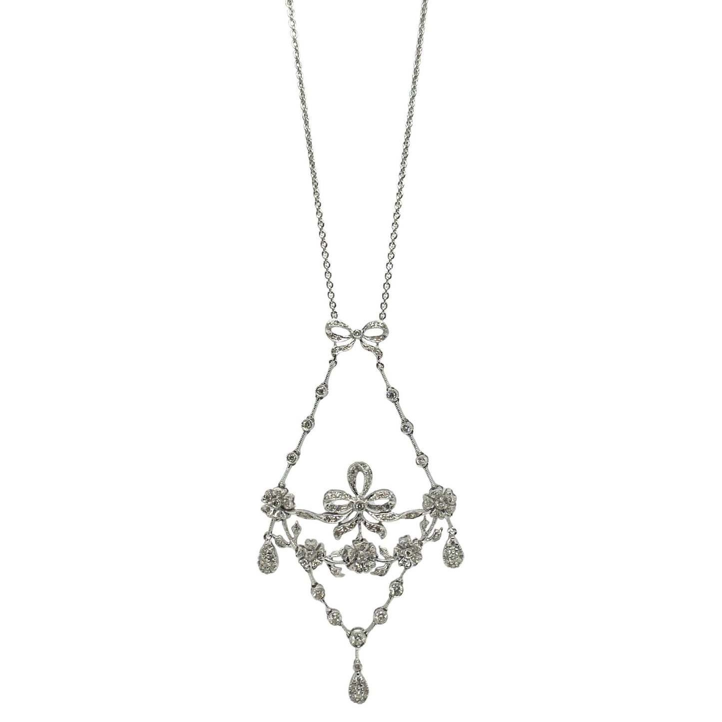 18K White Gold Diamond Bow and Floral Necklace
