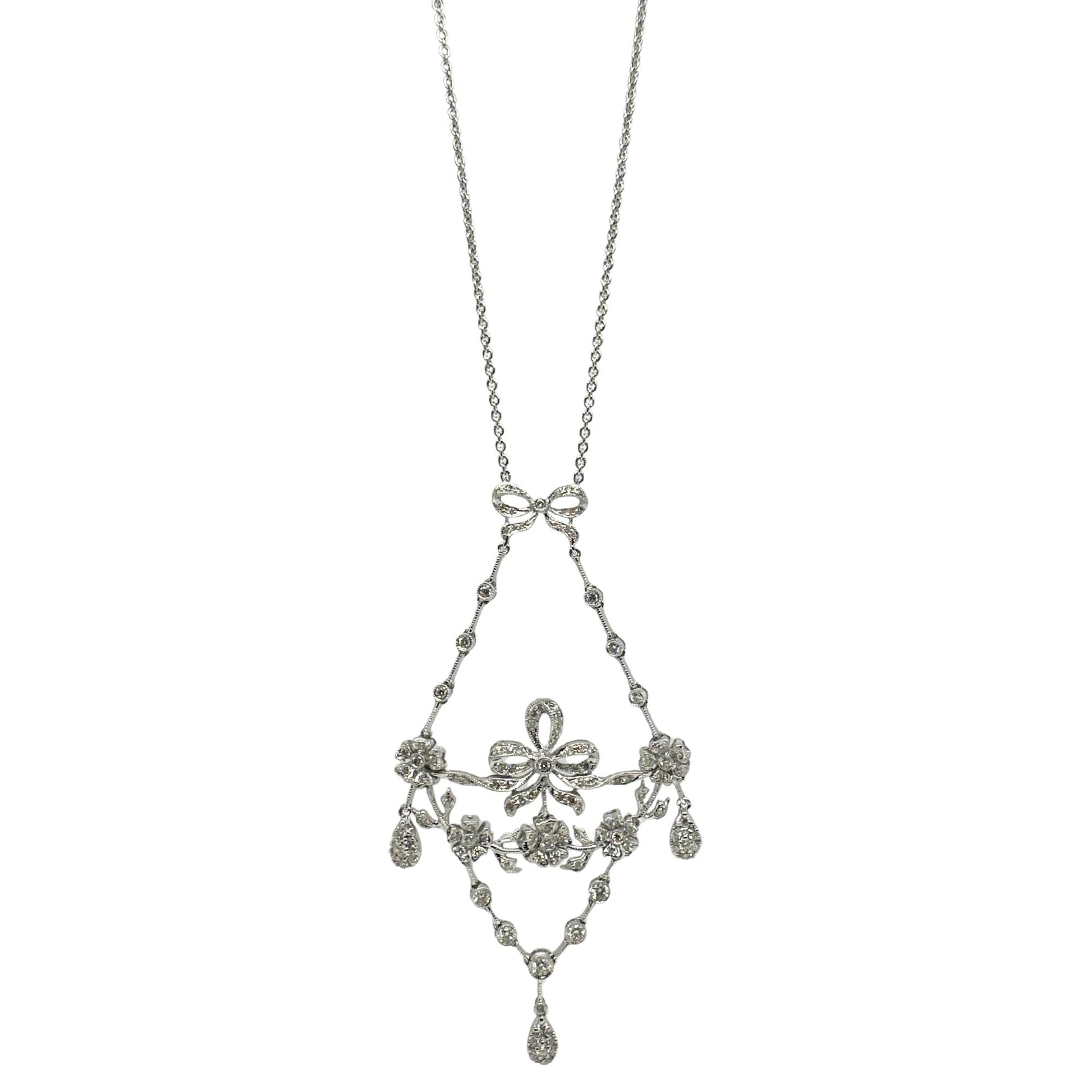 18K White Gold Diamond Bow and Floral Necklace