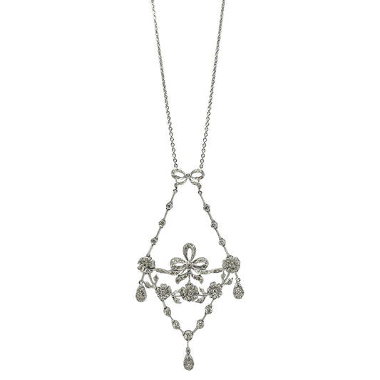 18K White Gold Diamond Bow and Floral Necklace