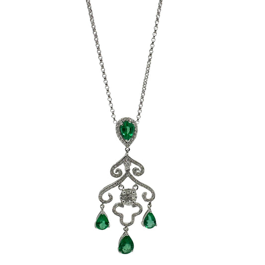 18K White Gold Diamond and Emerald Pendant Necklace