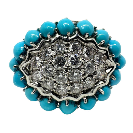 18K White Gold Diamond and Turquoise Cluster Ring