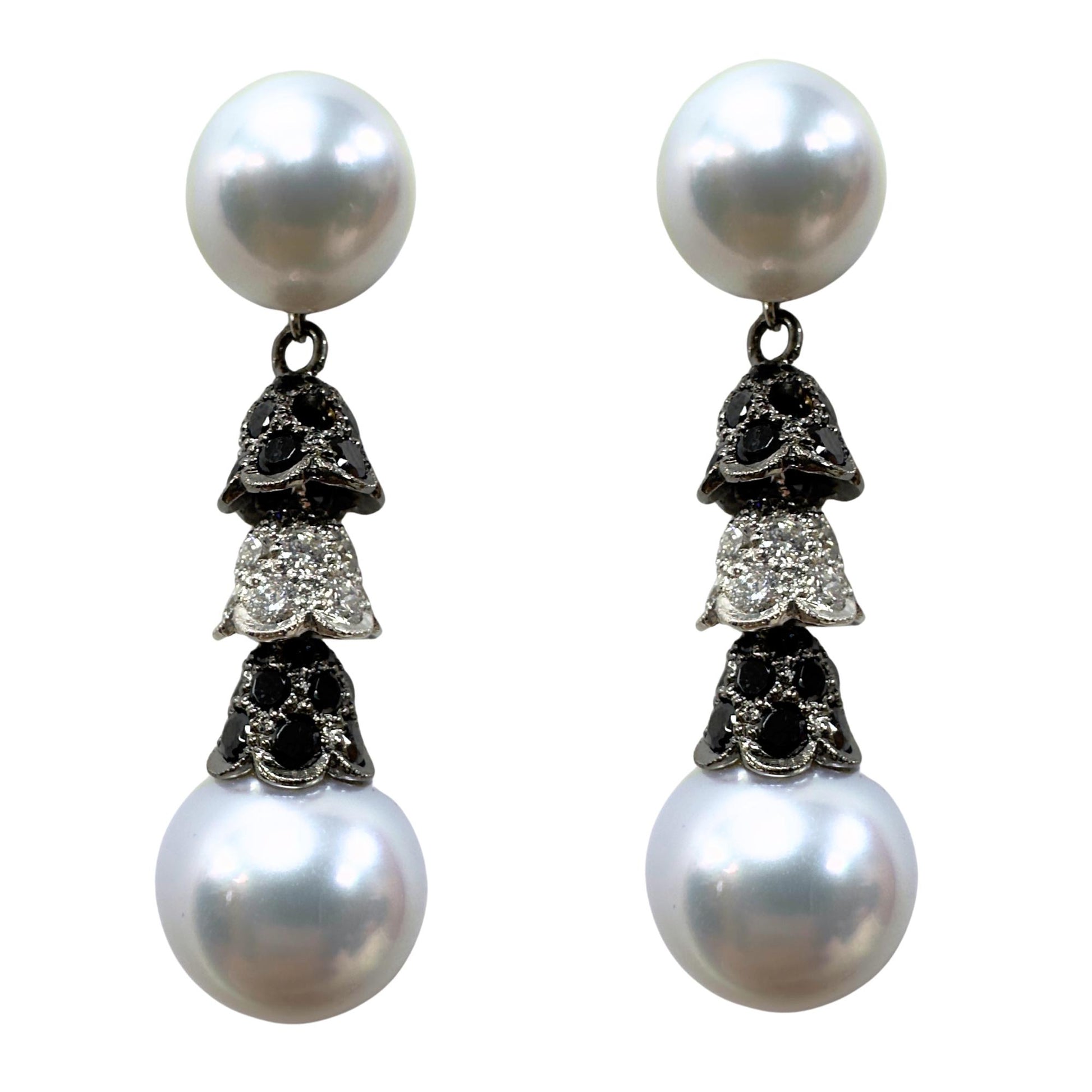 18K White and Black Diamond and Pearl Earrings