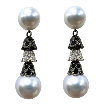 18K White and Black Diamond and Pearl Earrings