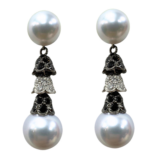 18K White and Black Diamond and Pearl Earrings
