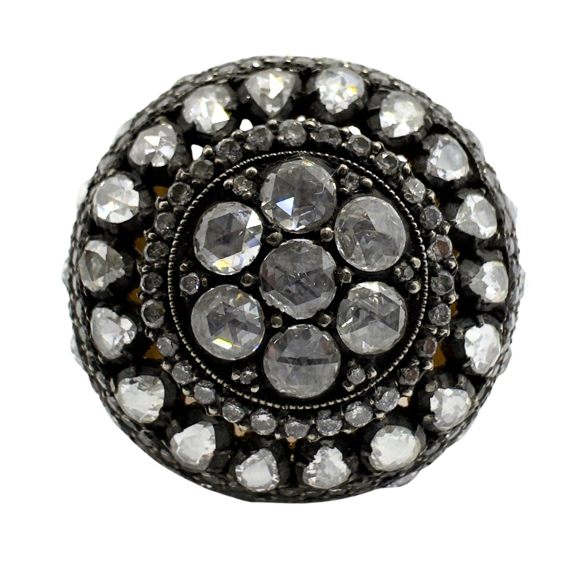 Bold and Heavy 18K Yellow Gold and Silver Top Rose Cut Diamond Cocktail Ring