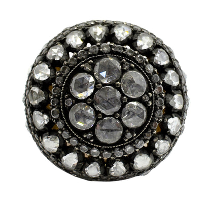 Bold and Heavy 18K Yellow Gold and Silver Top Rose Cut Diamond Cocktail Ring