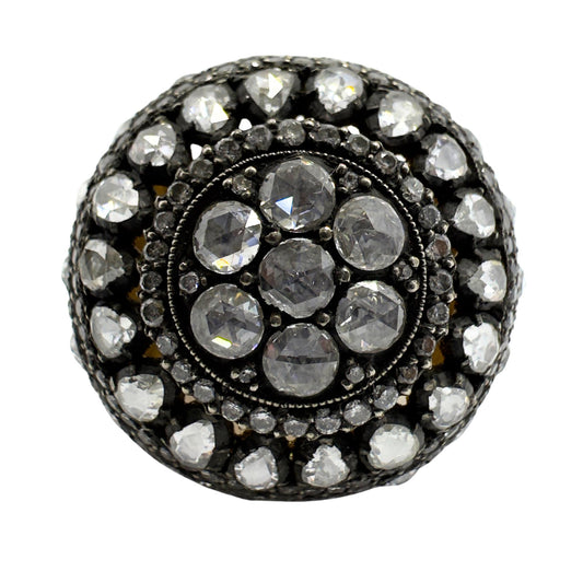 Bold and Heavy 18K Yellow Gold and Silver Top Rose Cut Diamond Cocktail Ring