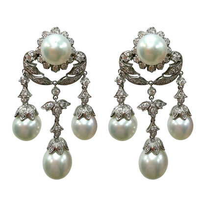18K White Gold Edwardian Inspired Diamond and Pearl Chandelier Earrings