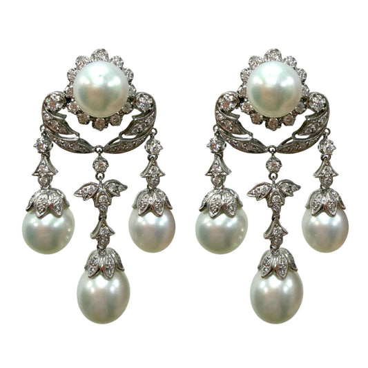 18K White Gold Edwardian Inspired Diamond and Pearl Chandelier Earrings