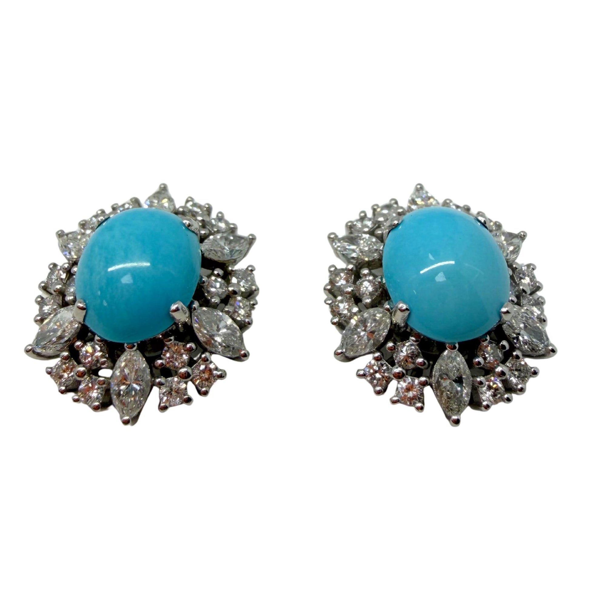 Platinum Marquise Cut 1.75 carat Diamond and Oval Turquoise Halo Stud Earrings
