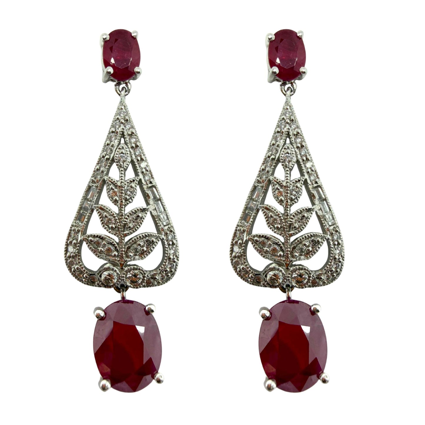 Platinum 4.98 Carat Ruby and Diamond Leaf Motif Drop Earrings with 18K Backs
