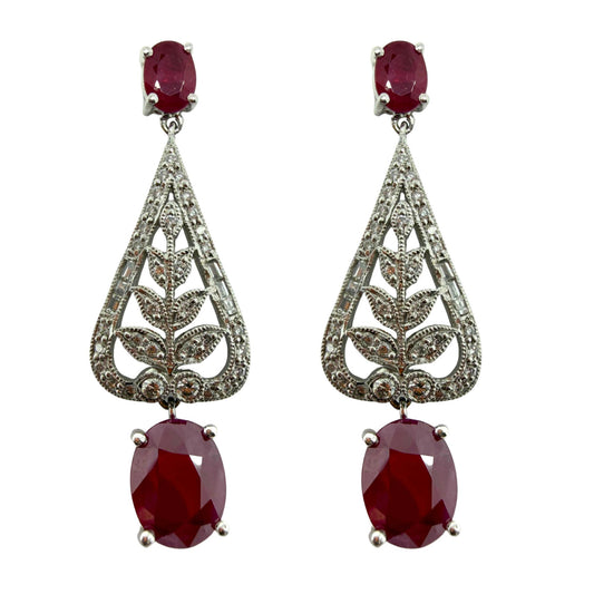 Platinum 4.98 Carat Ruby and Diamond Leaf Motif Drop Earrings with 18K Backs