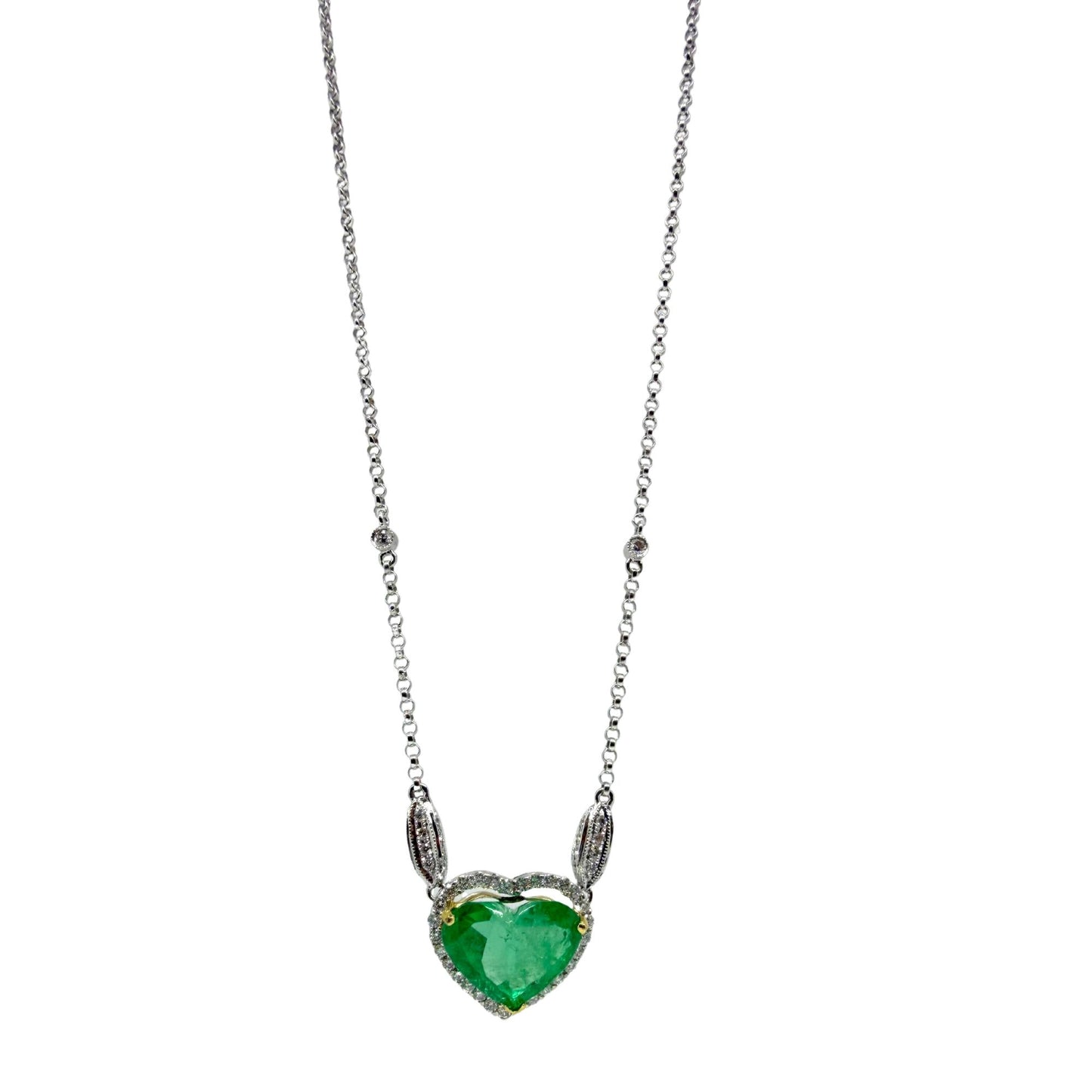 18K Two Tone Diamond and 4.14 Carat Heart Shaped Emerald Necklace