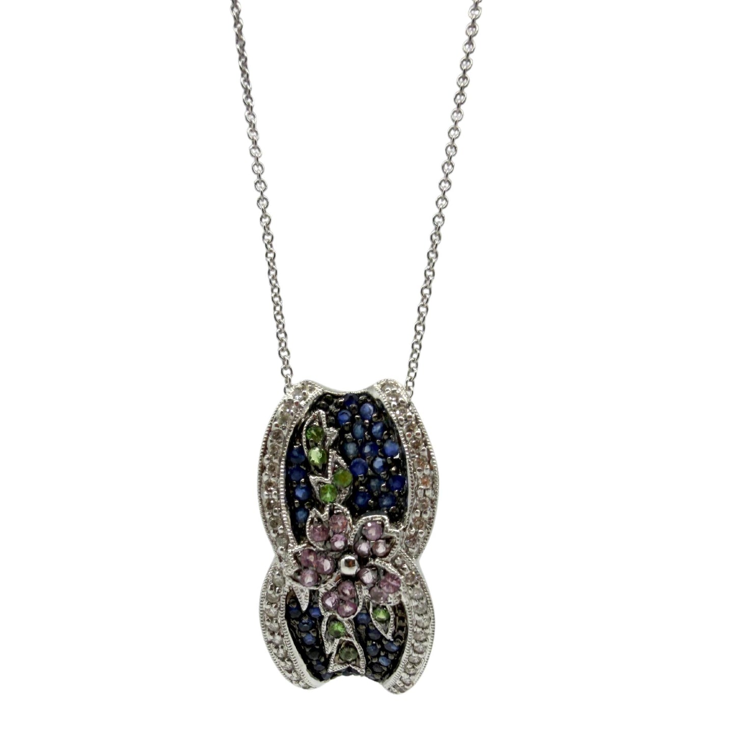 18K White Gold Sapphire, Garnet Tsavorite and Diamond Floral Pendant Necklace