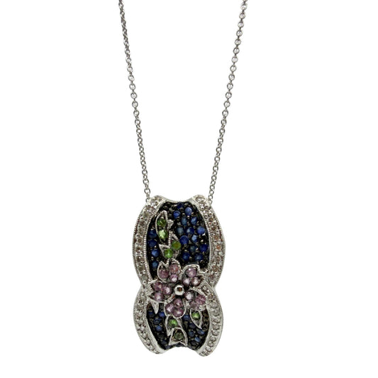 18K White Gold Sapphire, Garnet Tsavorite and Diamond Floral Pendant Necklace