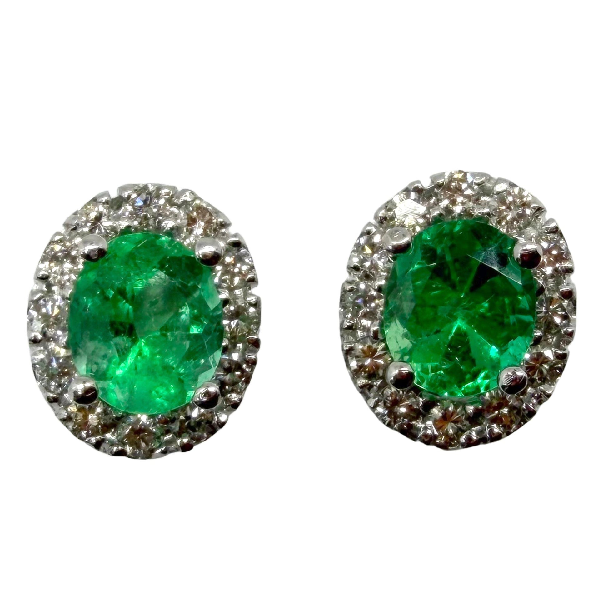 18K White Gold Diamond and .76 Carat Oval Emerald Cluster Stud Earrings