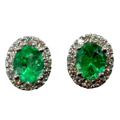 18K White Gold Diamond and .76 Carat Oval Emerald Cluster Stud Earrings