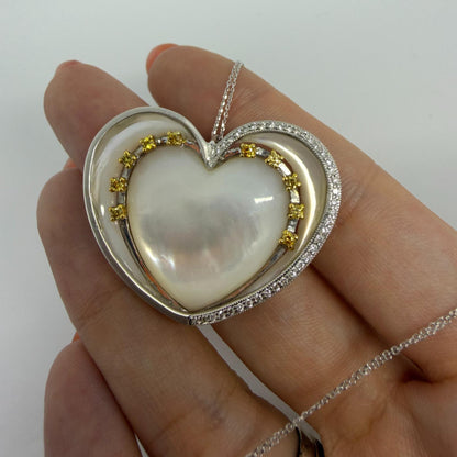 14K Two Tone Diamond, Mother of Pearl and Yellow Sapphire Heart Necklace