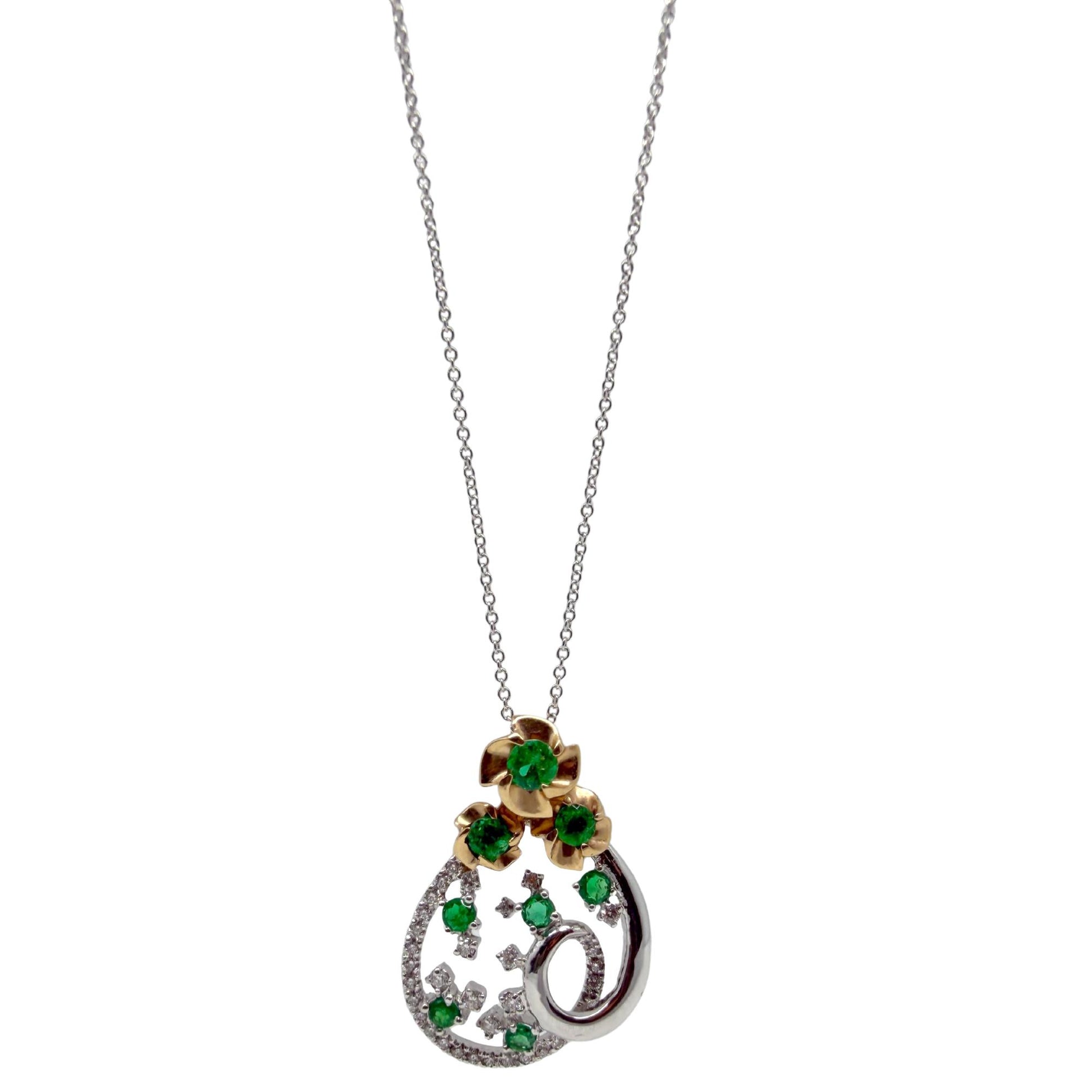 18K Two Tone Diamond and Emerald Teardrop Floral Pendant Necklace
