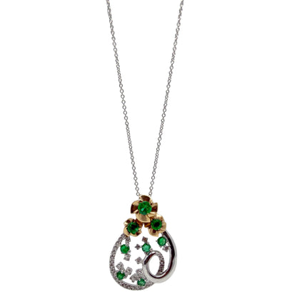 18K Two Tone Diamond and Emerald Teardrop Floral Pendant Necklace