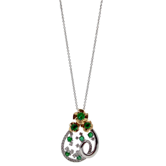 18K Two Tone Diamond and Emerald Teardrop Floral Pendant Necklace