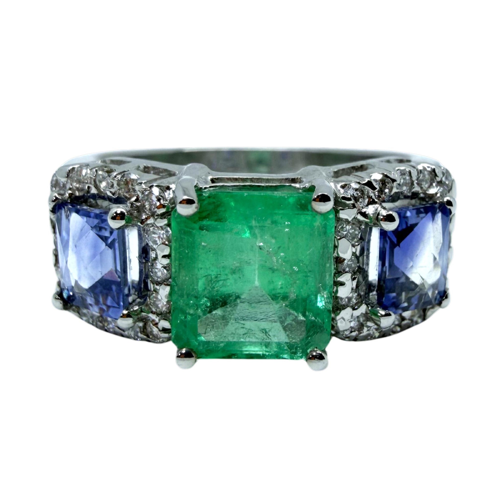 18K White Gold Emerald, Sapphire and Diamond Wide Band Ring