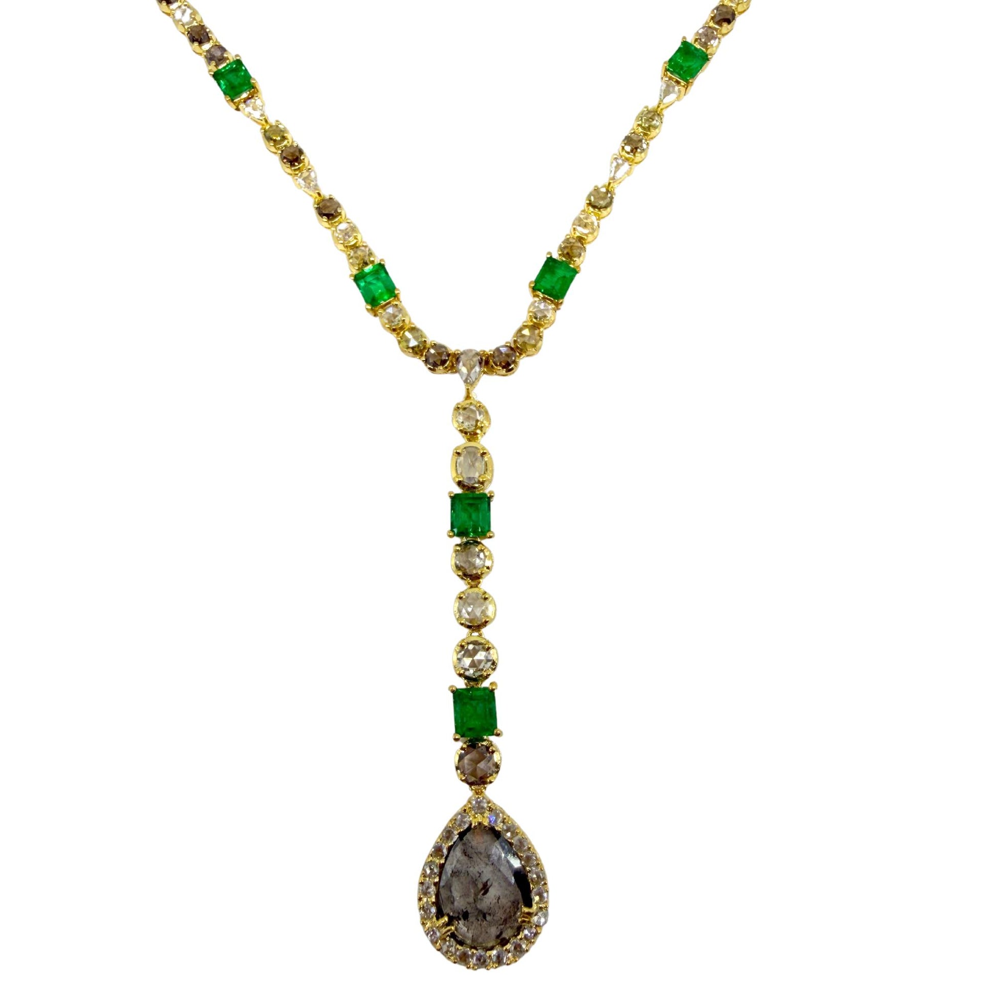 18k Yellow Gold Emerald, and Multicolor Diamond Y Drop Necklace