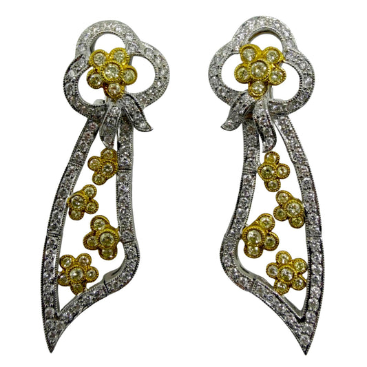 18k Two Tone Diamond and Yellow Diamond Flower Earrings