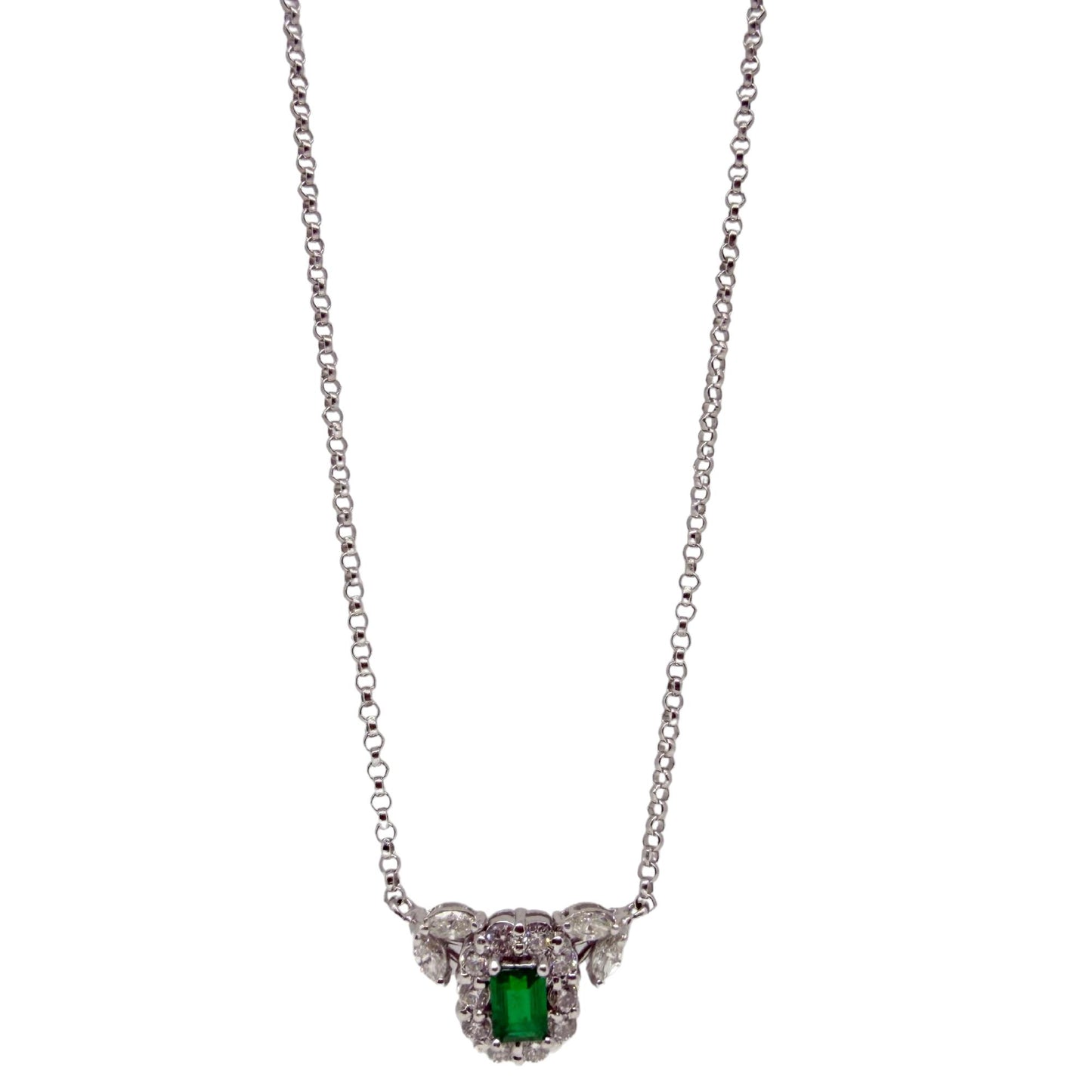 18K White Gold Diamond and Emerald Cluster Pendant Necklace