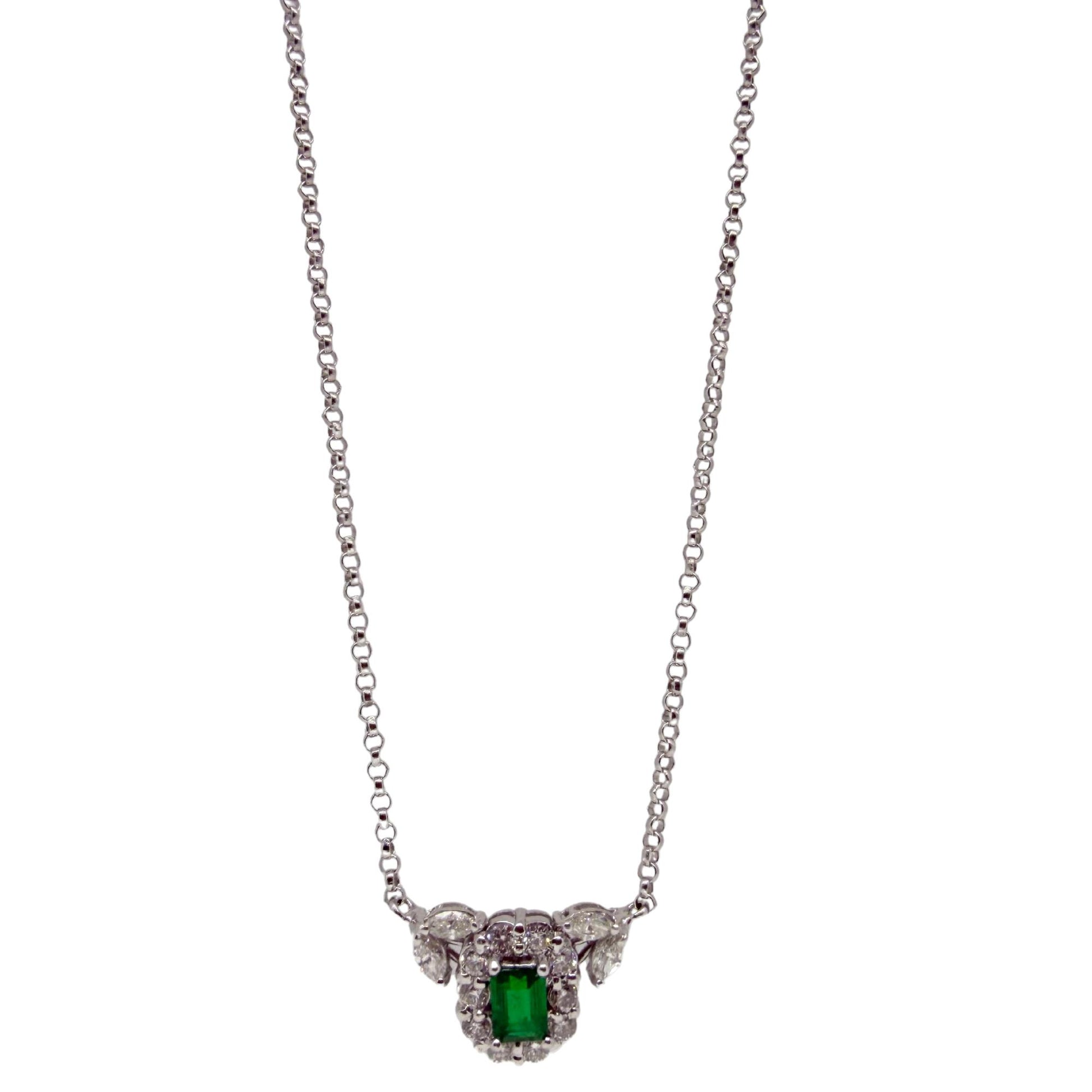 18K White Gold Diamond and Emerald Cluster Pendant Necklace