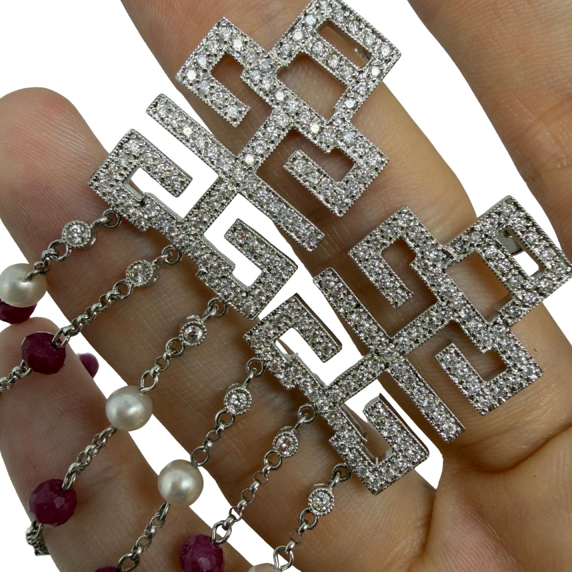 18k White Gold Diamond, Ruby Beads and Pearl Abstract Chandelier Drop Earrings