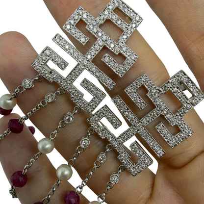 18k White Gold Diamond, Ruby Beads and Pearl Abstract Chandelier Drop Earrings