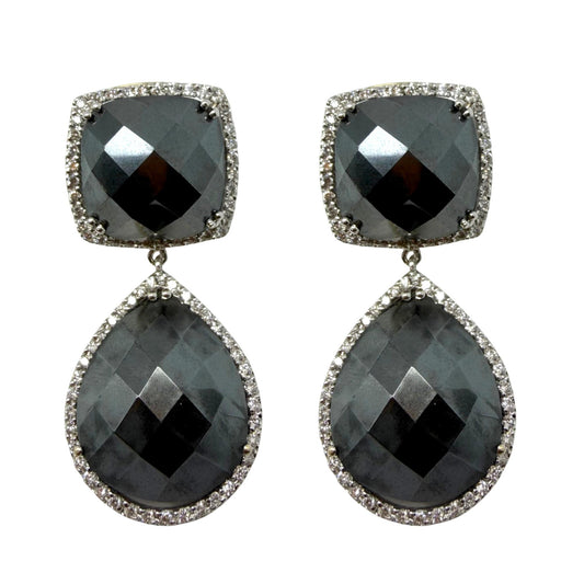 18K White and Yellow Gold Diamond and Checkered Hematite Earrings