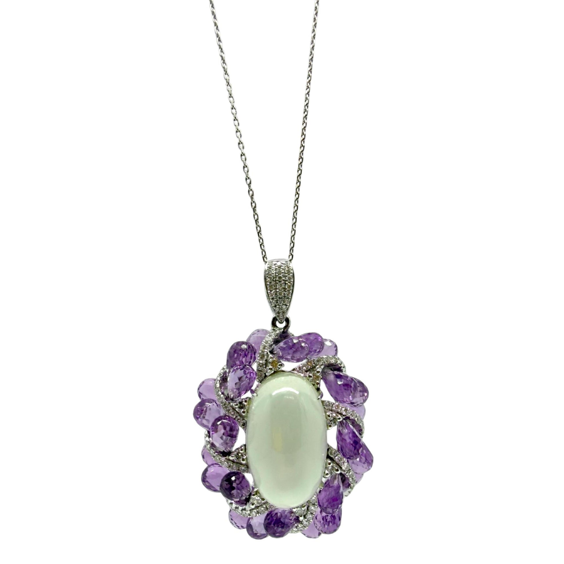 18k White Gold Diamond, Briolette Amethyst and Moonstone Pendant Necklace