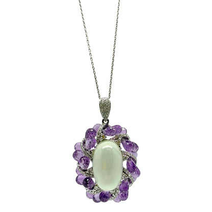18k White Gold Diamond, Briolette Amethyst and Moonstone Pendant Necklace