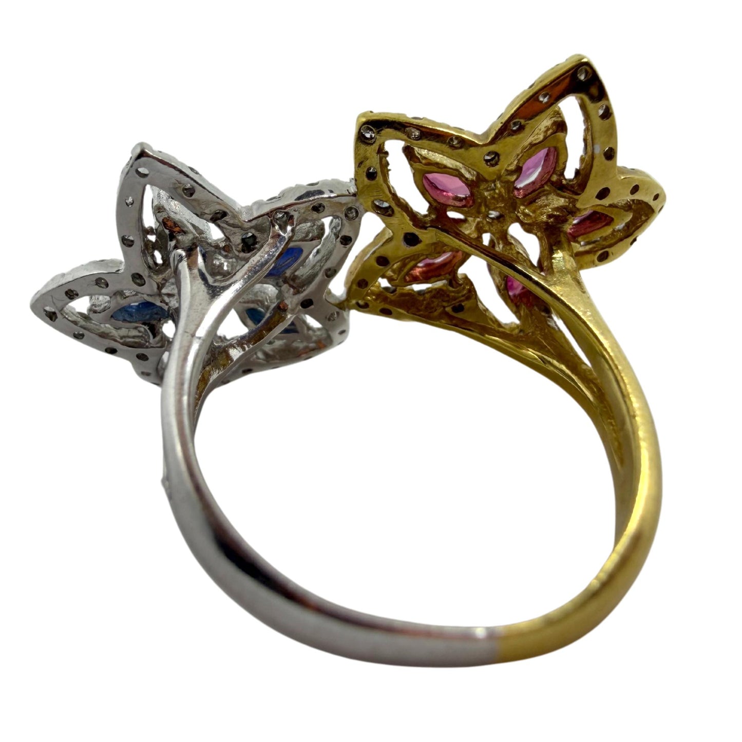 18K Two Tone Marquise Sapphire, Ruby and Diamond Bypass Floral Ring