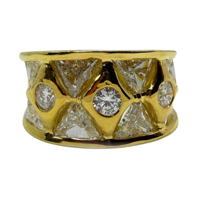 18k Two Tone Trillion Cut Diamond Wide Band Ring with Abstract Design