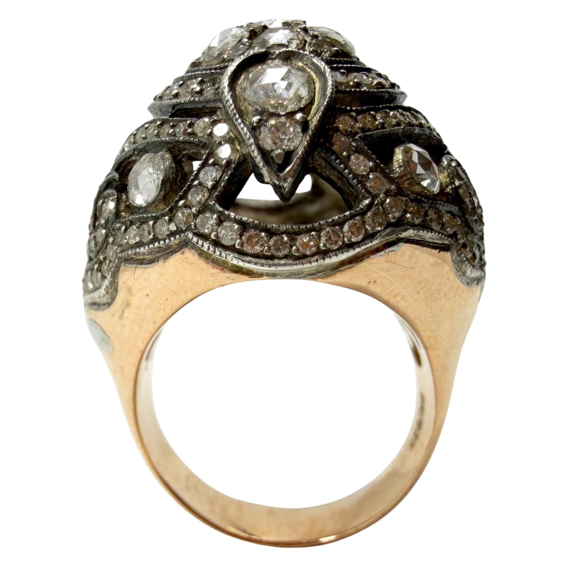 Vintage Inspired Rose Gold and Silver Rose Cut Diamond Dome Cocktail Ring