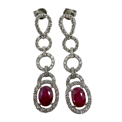 18K White Gold 3.44 Carat Oval Ruby and Diamond Drop Earrings