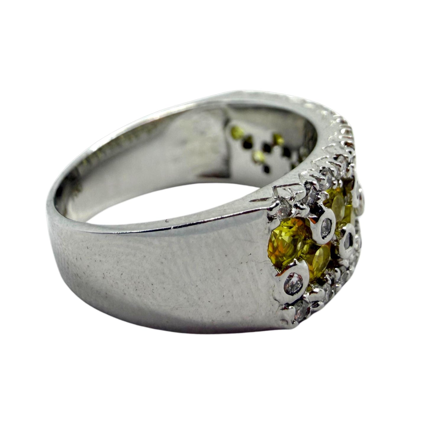 18k White Gold Diamond and Yellow Sapphire Wide Band Ring